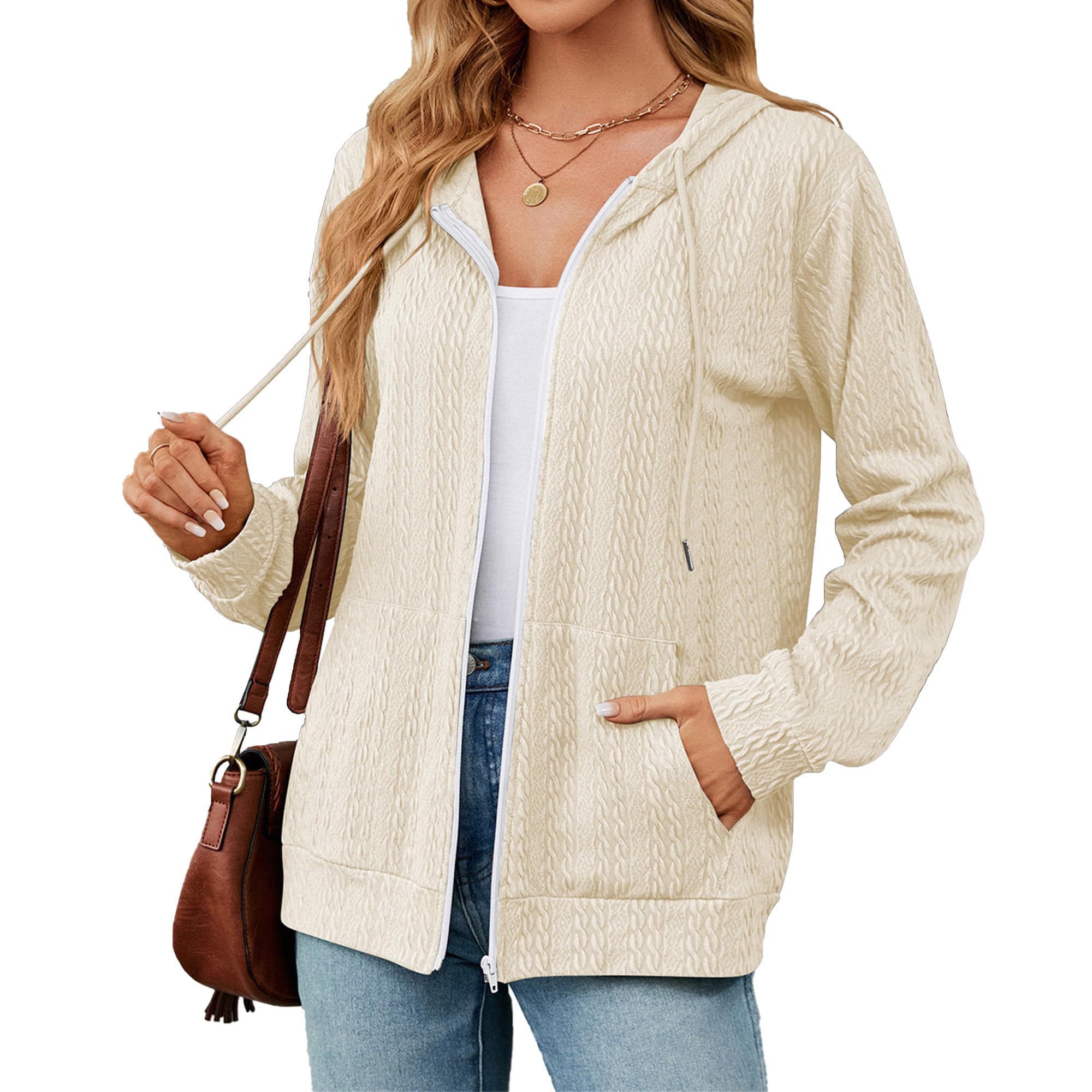Womens Long Sleeve Knit Hoodie Jacket Lightweight Drawstring